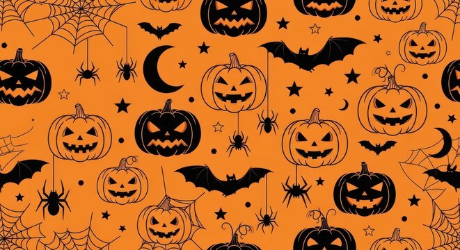 A repeating pattern of spooky halloween including carved jack-o'-lanterns, bats, spiders, and crescent moons on a bright orange background, creating a festive and eerie textile or wallpaper