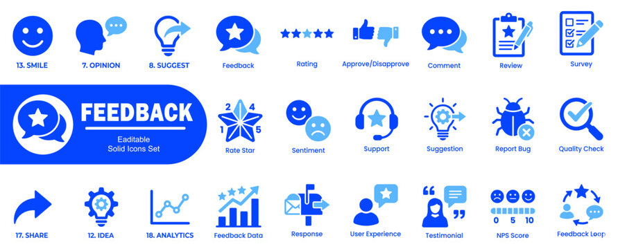 Modern feedback icons  and symbols. including smile opinion suggest feedback rating approve comment review survey share idea analytics data response user experience testimonial feedback loop.