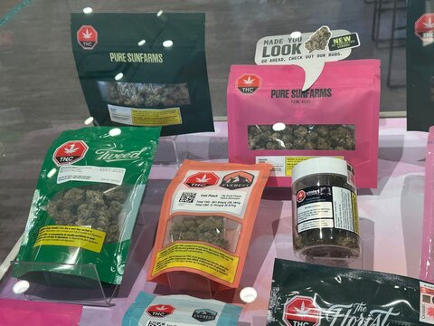 Cannabis retail products displayed inside licensed recreational store location. May 1 2026. Calgary, Alberta, Canada. For editorial use only.