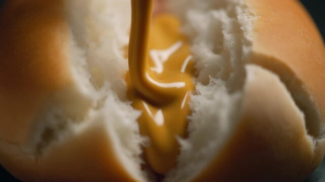 Extreme close-up of hotdog bun split center showing fluffy interior crumb texture, slow motion mustard drizzle flowing into the crease, realistic viscosity and shine, macro lens look, shallow depth of