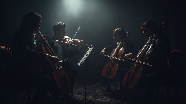 Classical music quartet performing on a dark theater stage under dramatic spotlight, musicians in silhouette during chamber concert. Banner for culture events, music promotion, art marketing.