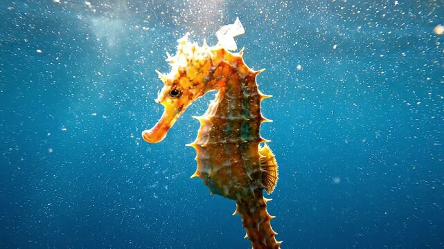 Seahorse Swimming in Clear Blue Ocean Water with Sunlight