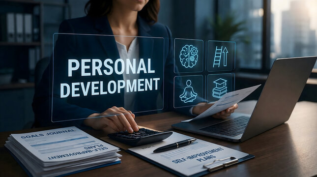 Personal development strategy with self improvement, goal setting and productivity growth planning tools