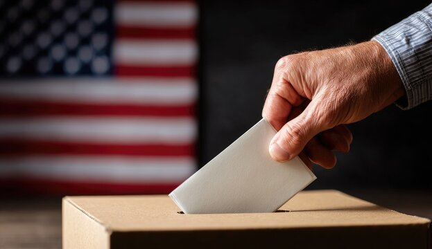 Hand casting vote into ballot box with American flag blurred background