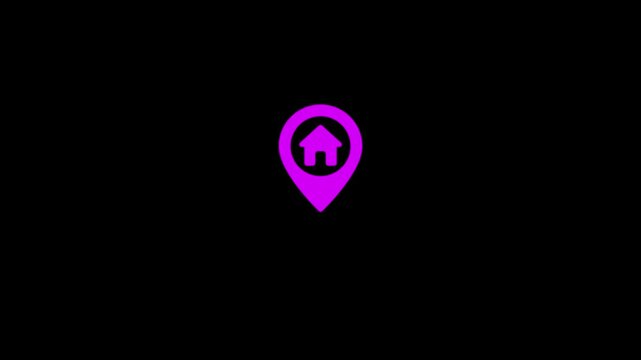 Purple home location pin animation on black background, real estate map marker symbol