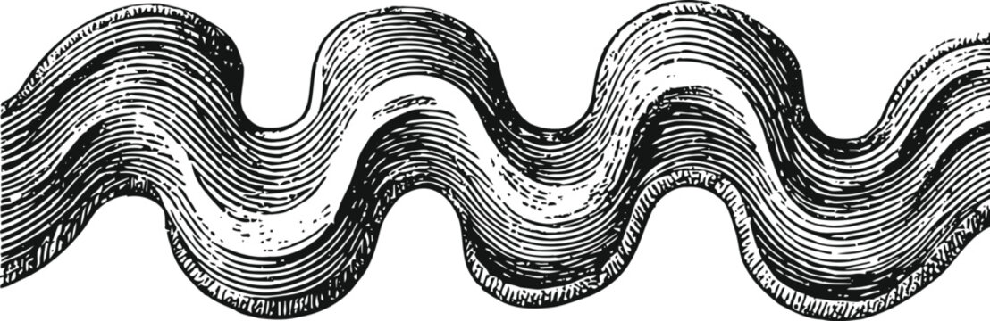 vintage wavy decorative border hand drawn ornamental scroll element in black and white engraving