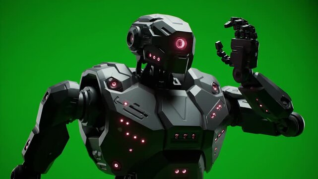 A futuristic robot with red glowing eyes and metallic body stands menacingly in front of a green background