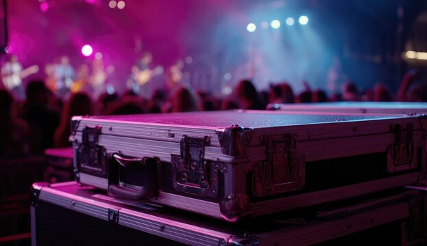Road cases in foreground on stage, band performs for audience in background