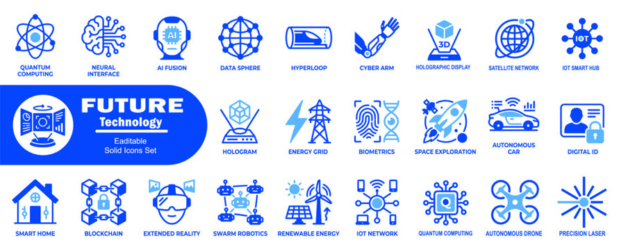 Future technology solid icons set. Covering modern digital innovation quantum computing neural interface ai fusion data sphere cyber arm holographic display.