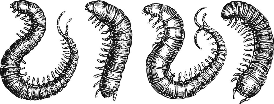 Detailed vintage black and white illustration of various centipedes showing segmented bodies and numerous legs