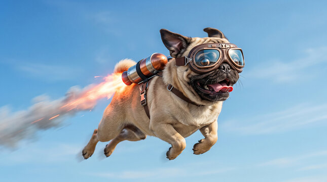 Surreal humorous concept of a pug flying through the sky like a rocket with aviator goggles and a jetpack.