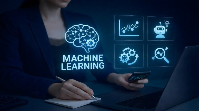 Machine learning concept with AI data analysis, predictive analytics and intelligent system interface