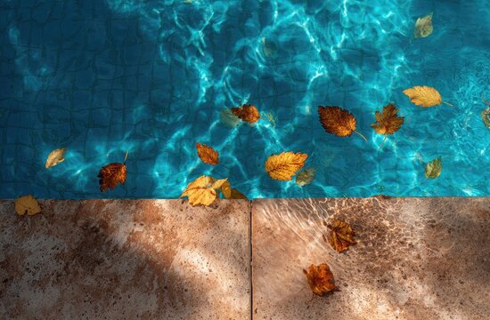 Fallen leaves drift on rippling blue water next to a tiled pool edge