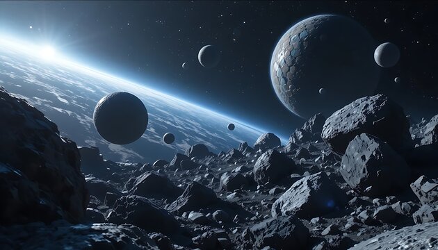 Large planets and many asteroids floating in deep dark outer space with bright blue light in the distance. astroid belt