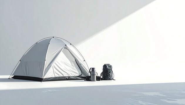 White modern camping tent with grey backpack and water bottle in minimalist bright white space and light. AI Generative