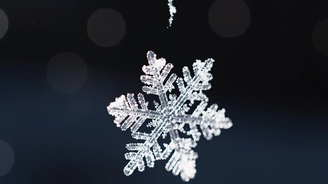 Extreme Macro of a Perfect Hexagonal Snowflake Crystal on Dark Background