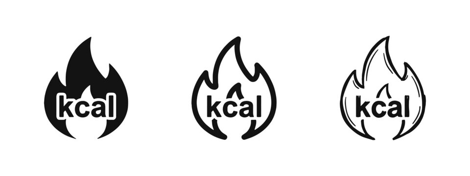Calorie burn icon set featuring flame and kcal text for fitness, diet, and metabolism themes