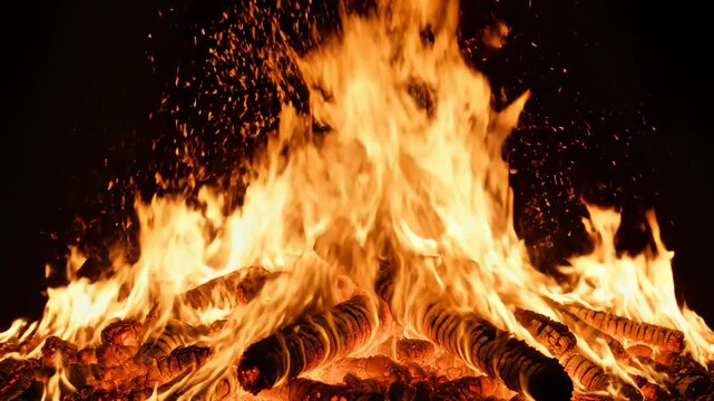 Burning firewood with flames highlighting geometric patterns and contemporary art
