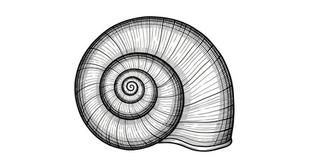 Detailed Snail Shell Drawing, Spiral Pattern, Black and White Sketch © hana