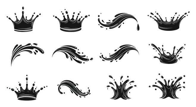Black Ink Crowns and Water Splashes Vector Set