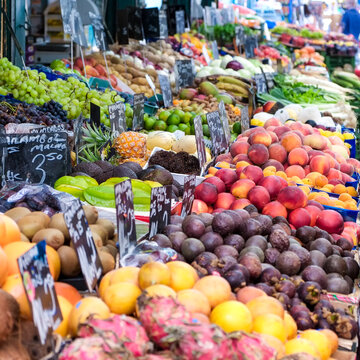 Colorful produce display at French street market