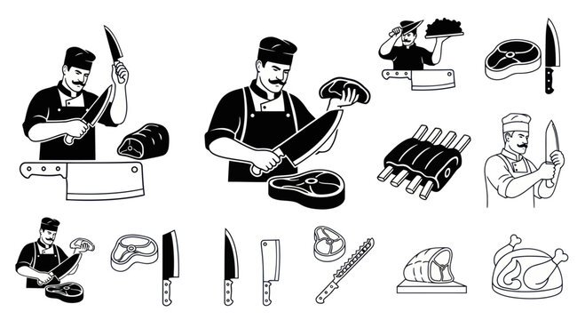 Butcher Collection: Chef with Meat, Knives, and Cuts - Vector Illustrations