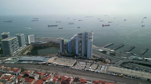 Istanbul/Turkey circa 2023: Radisson Blu Hotel Ottomare and Marmara fly above