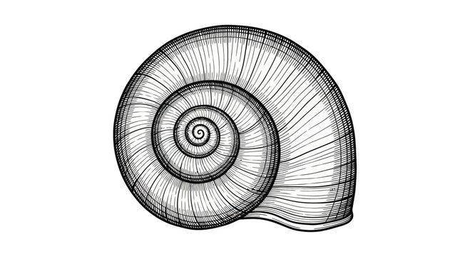 Detailed Snail Shell Drawing, Spiral Pattern, Black and White Sketch