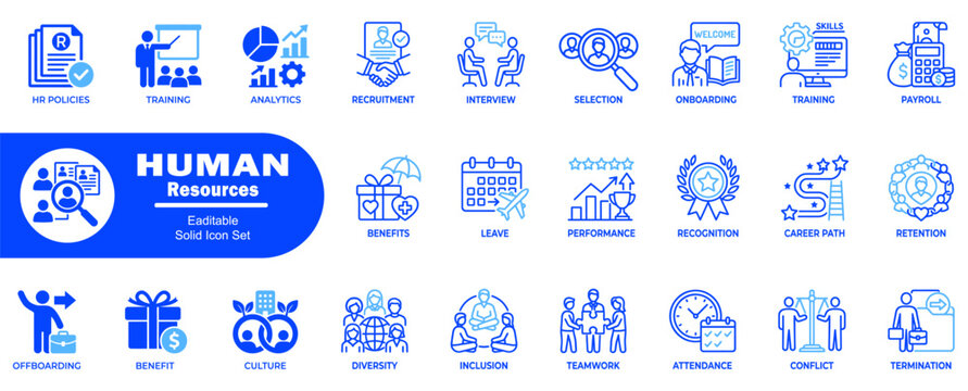 Comprehensive human resources icons. Featuring hr policies, training, analytics, recruitment, interview, selection, onboarding, skills, payroll, benefits, leave, career.