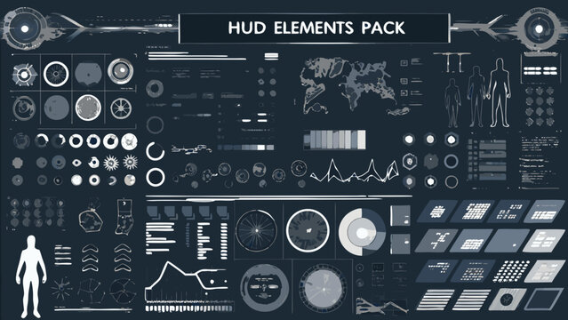 hud elements pack a comprehensive monochrome white interface design collection on dark background high quality professional detailed modern