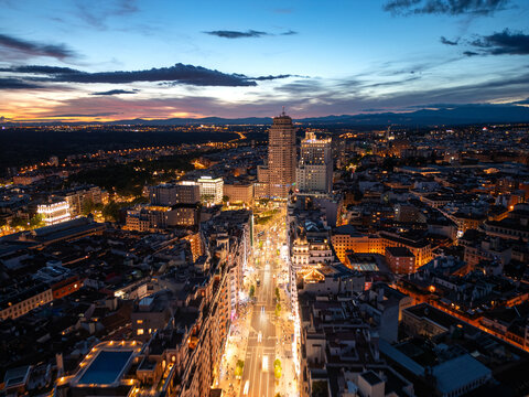 Madrid gran via cityscape urban view at sunset