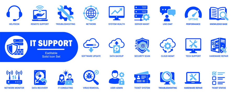 Eaditable solid icon set for it support. Includes help desk, remote support, troubleshooting, network and system health icons for web.