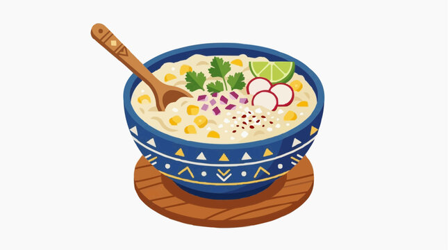 A vibrant illustration of a delicious and visually appealing dish, artfully presented in a decorated bowl. It is full of inviting textures and colors.