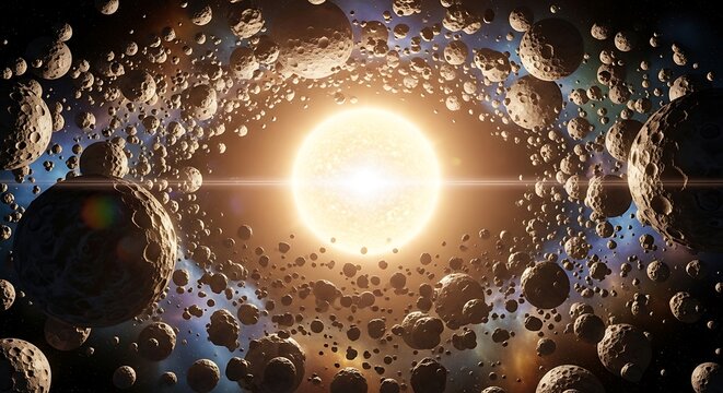Bright glowing star surrounded by a large field of floating rocky asteroids in deep dark outer space. astroid belt