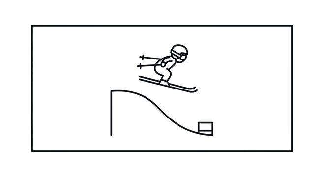 Cartoon skier jumping off a ramp with ski poles, dynamic action shot
