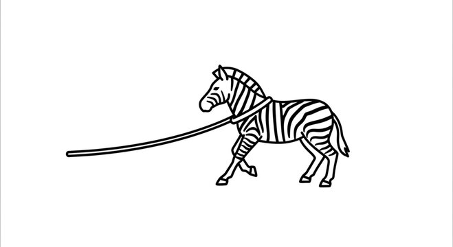 Cartoon Zebra Pulling a Long Rope on White Background