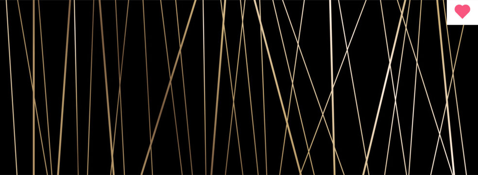 Straight chaotic random diagonal elements on black canvas creating chaos. Abstract luxury golden texture with angled triangular shapes and minimalist gold outlines. Isolated vector illustration