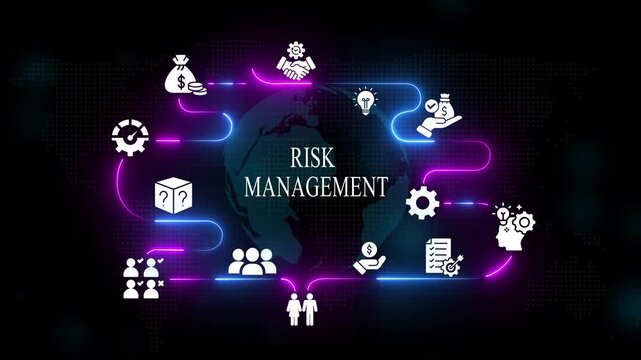 Risk management concept with global business and neon infographic on dark background, business strategy