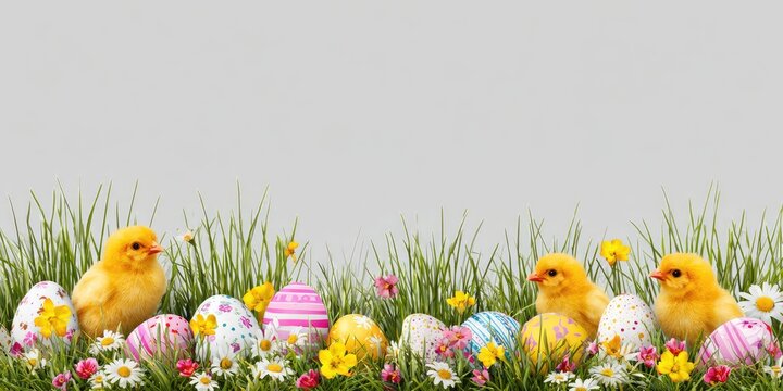 Fluffy yellow chicks and decorated eggs nestled in green grass and flowers
