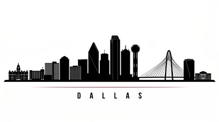 Obraz premium Monochrome skyline silhouette of Dallas including Reunion Tower, Bank of America Plaza, and modern high-rise cluster. Sharp, geometric composition with minimal details.
