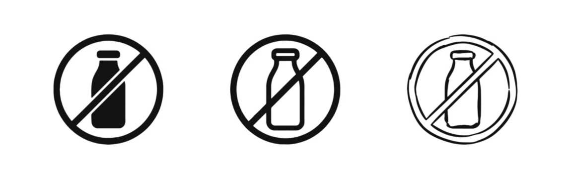 Lactose Free and Dairy Free Icon Set with Milk Bottle Prohibited Symbol