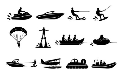 Obraz premium Motorized Water Sports Silhouette Icon Set – Jet Ski Boat Wakeboard Parasailing Holiday Collection