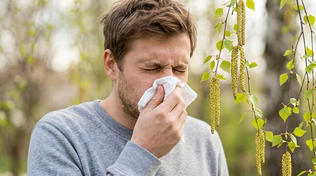 Man sneezing into tissue outdoor in park. Adult suffering from seasonal spring allergy or cold symptom near birch tree. Health problem and illness concept with pollen issue.
