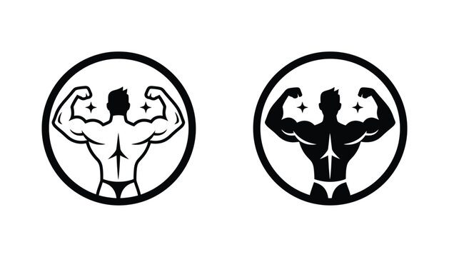Muscular bodybuilder back pose inside circle frame vector emblem