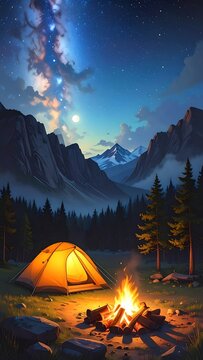 Peaceful campsite in high mountain range with glowing tent and campfire under majestic starry night sky. AI Generative