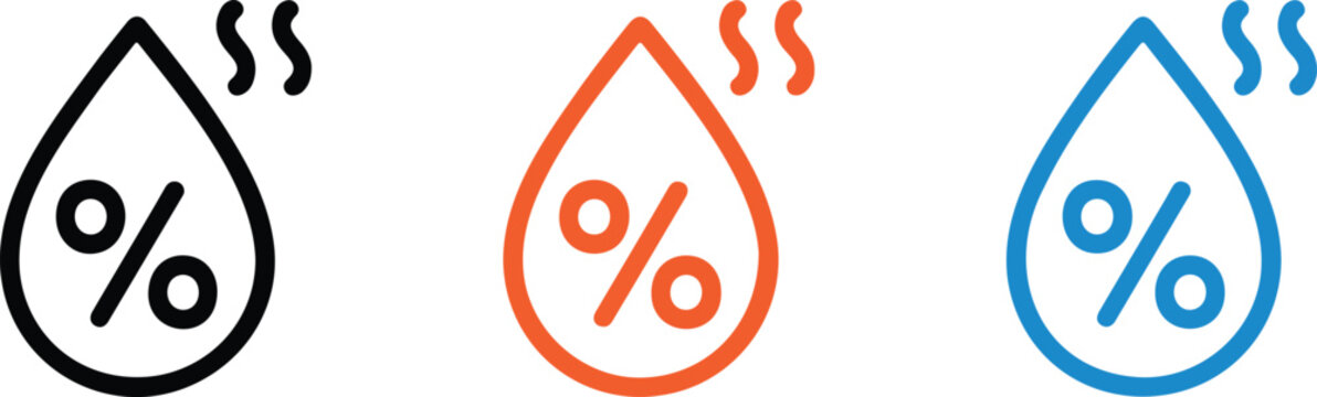 Humidity Vector Icon Set Featuring Water Drop and Percentage Symbols for Weather Forecasting Air Quality Monitoring and Climate Control Interface Designs,