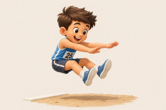 3D cartoon athlete performing a long jump in mid‑air above a sandpit, wearing a blue uniform with number, shown in a dynamic action pose on a clean light background.