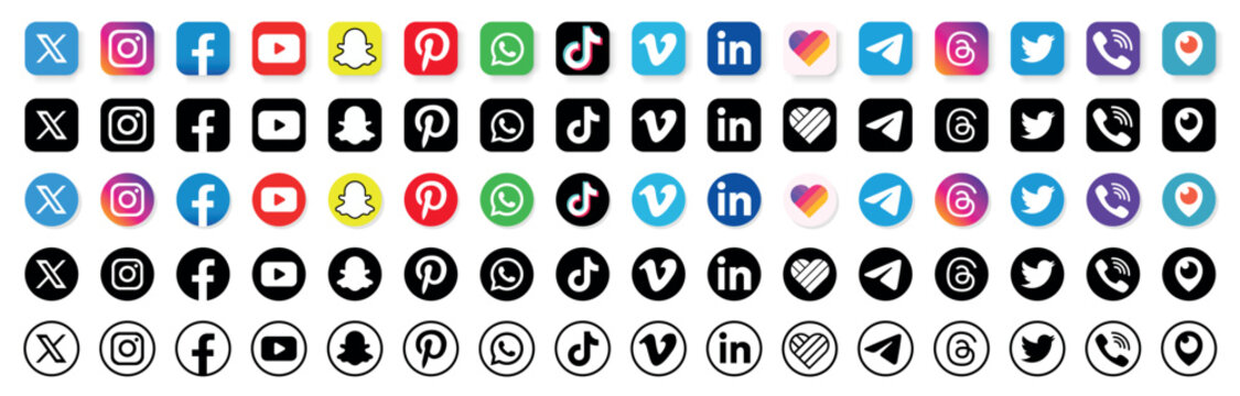 Social media big set. Latest updated social media icon set. X , Threads, Instagram, Facebook, YouTube, Telegram, Tik Tok, Pinterest, Snapchat and more. Vector illustration