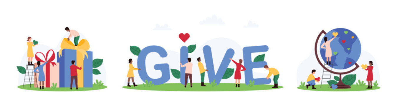 Charity, help of international non profit organization and community set. Tiny people donate gift boxes and hearts to globe of Earth, holding letters of Give word cartoon vector illustration