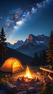 Majestic mountain camping scene with lit tent and bonfire under brilliant milky way galaxy at nighttime. AI Generative